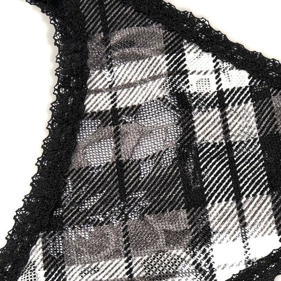 NWT 2PC PINK VICTORIA SECRET BRALETTE LACE THONG BLACK WHITE PLAID BANDANA SMALL - Picture 9 of 12